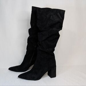 Women's Black Suede Slouch Knee-High Boots Pointed Toe Thick Heel Size 11